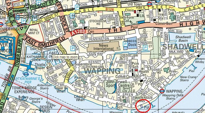 Map showing Wapping Police Station (circled in red).